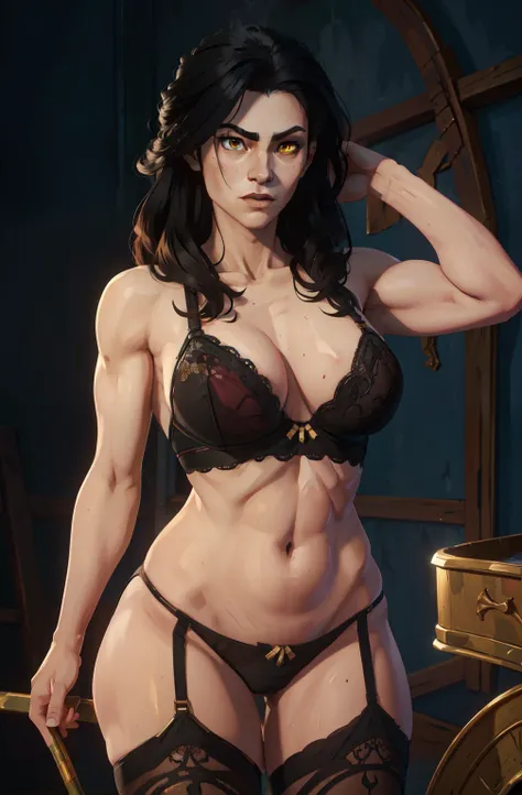 (best quality,16k,classic painting style),vivid colors,studio lighting,sharp focus,physically-based rendering,ultra-detailed,realistic,portrait,long hair,solo,muscular,veins,black hair,yellow eyes,pale skin,strong,abs,huge breast rowing,lace lingerie