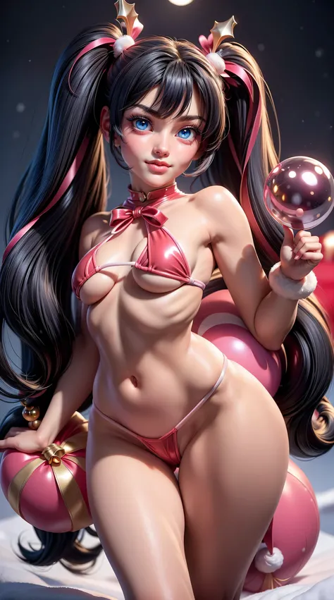 1girl, katara, solo, long hair, messy hair, (((completely nude))), (((Tiny micro highlegs bikini Insert in the   lips Santa Claus sexy Costume insert in the   lips))), no bra, looking at viewer, blue background, shiny black hair, two side up, pink turtlene...