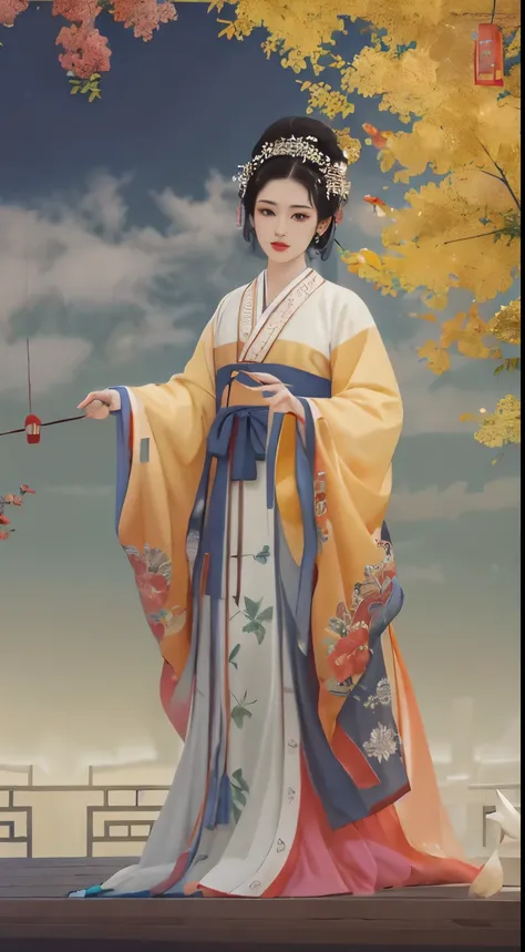 Masterpiece, Professional lighting, photon maping, Radio City, Physically-based rendering,1girll, full bodyesbian,absurderes, A high resolution, skylines, Beautiful detailed sky, Covered ,(Hanfu, Ming style),Yellow eyes,