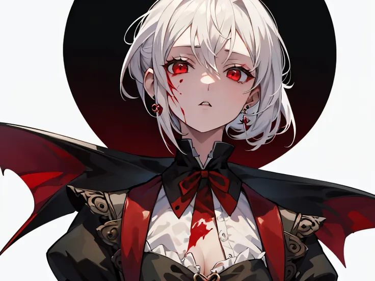 1girl, short white hair, red eyes, some blood on her face, victorian clothes, silver earrings, looking down, vampire aesthetic, ...