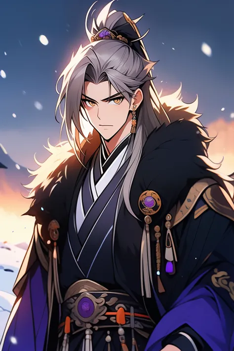 Messy White Hair , Orange eyes , purple martial arts uniform , Snowy background , Snowy wasteland background, Martial arts costumes , 1male people , Complicated details , perfect generation , male people , musculous , poncho