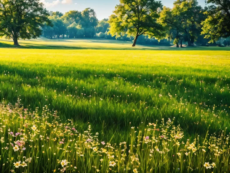 cinematic view, meadow scene, with flowers and exotic birds high quality