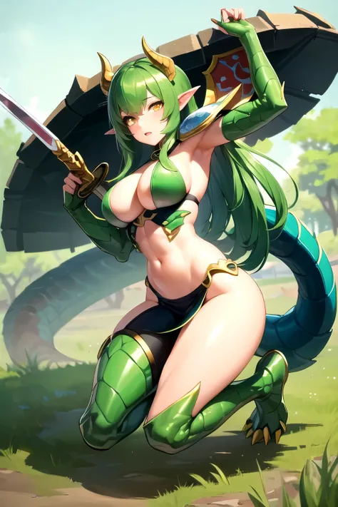 masterpiece, best quality, 1girl, detailed face, full body, lizardman girl, green scales on the body, green hair, long hair, yellow eyes, big boobs, sexy armor , holding sword and shield, green tail, green horns