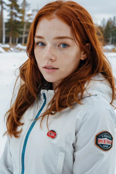 a woman with long red hair snowboarding with a thick coat, looking in the distance, ginger hair with freckles, red hair and freckles, hint of freckles, very light freckles, woman with freckles, light cute freckles, elegant freckles, with freckles, light fr...