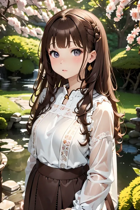 Dark brown curly white girl, Twin-tailed、Cute little girl s、、natural tone clothes、Japanese garden、top-quality、ultra-detailliert、masuter piece、portlate、８ｋ、Professional Photographer、