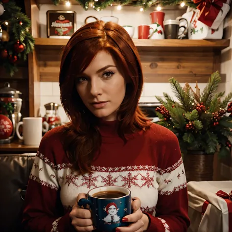 Red head femshep wearing Christmas sweater, drinking coffee mug