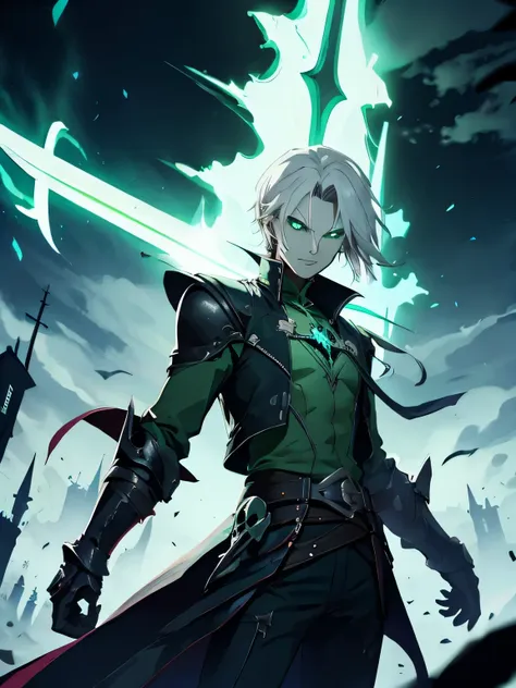 necromancer, young man, gray hair, green eyes, total power, skinny, two swords on back, green jacket, green fog, tower, green li...