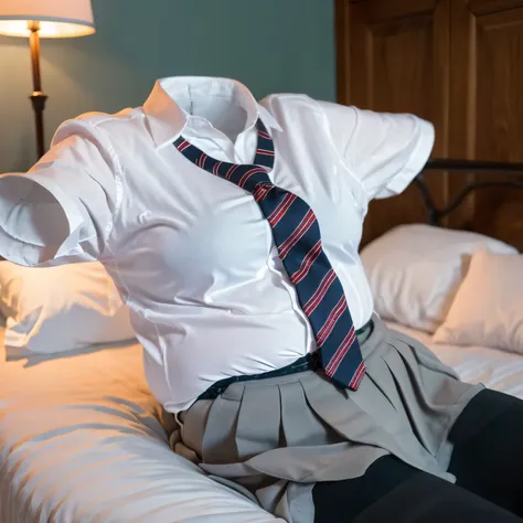 (on bed),chubby,fat, stripe school tie, school uniform, __expression__, (invisible, no humans, headless, faceless:1.2), cute big breasts, (8k, RAW photo, best quality, masterpiece:1.2), (realistic, photo-realistic:1.37), photon mapping, radiosity, ((Hassel...