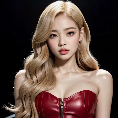 un primer plano de una mujer con cabello largo y rubio con un vestido rojo, portrait of jossi de blackpink, blackpink jennie, mo...