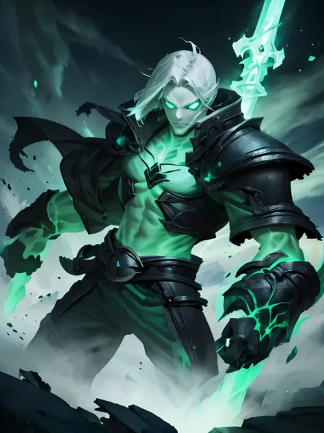 necromancer, young man, gray hair, green eyes, total power, skinny, two swords on back, green jacket, green fog, tower, green li...