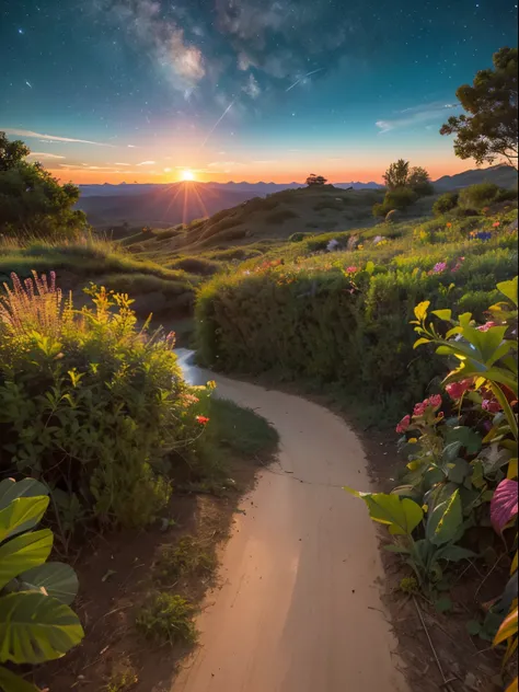 Very detailed sunset on an extraterrestrial planet，Featuring colorful vegetation and wildlife. We saw the Milky Way and the majestic clouds，It&#39;s so spectacular，k hd，cinematric light，color curve，Odds rules