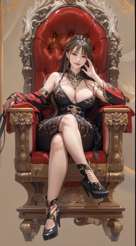 nsfw, 8k, best quality, highres, realistic, real person, A lewd queen oozing wealth and power, seducing her Western-style subordinates, sits gracefully on a richly decorated chair on a high platform. (((She crosses her legs and looks down at her subject wi...