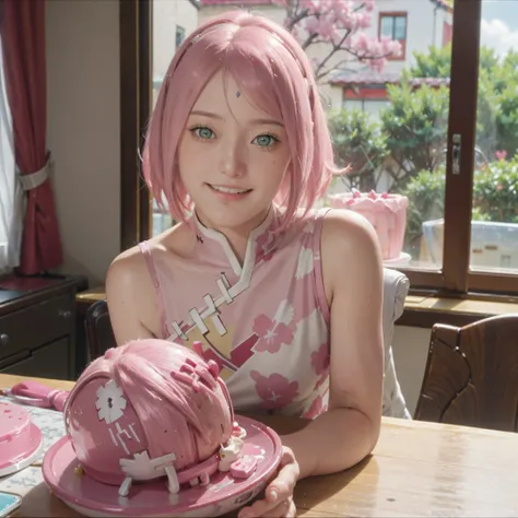 beautiful sakura haruno , pink hair girl, adolable , 15 year old girl, sitting at the dining table, Birthday cake on the table, Sunlight outside the window, (smile of her beautiful face) beautiful smile, big smile, happy face on birthday , White teeth