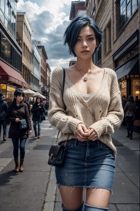 Cinematic lighting、16k picture quality、highlydetailed skin,(1girl in, Solo:1.2)、Best Quality,cyberpunked,(1beautiful woman、Detailed beautiful facial features hair、short cut blue hair、blue eyess:1.3)Rosary Necklace、
1girl in, short braids facing down:1.2)
B...