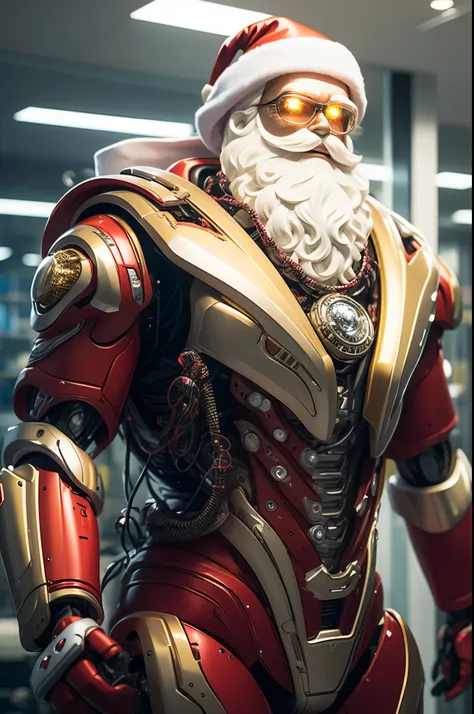 best quality,ultra-detailed,realistic,biomechanics,mechanical control systems,luminous,golden colors,machine santa claus,gleamin...