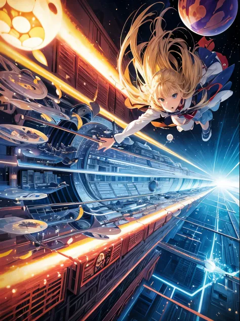 Viviano Codazzi, katsuhiro Otomo, Surreal, mysterious, strange, fantastical, fantasy, Sci-fi, Japanese anime, spherical architecture, cross section, perspective, perspective drawing, moving vanishing point, beautiful blonde miniskirt Alice running as a sph...