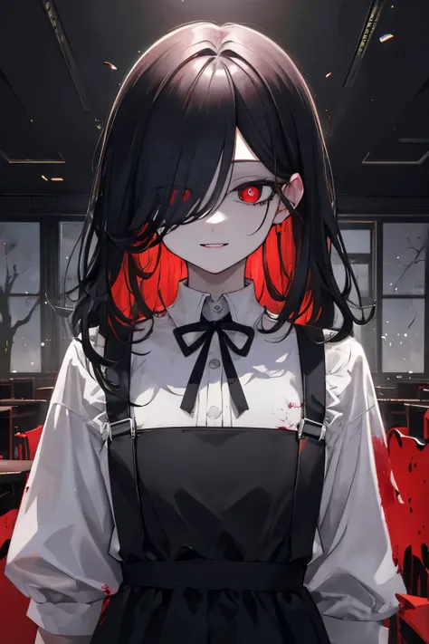 ((best quality)), ((masterpiece)), (detailed), perfect face, perfect body, upper body, standing, looking at viewer, red eyes, Ruby shape pupils, (evil smile:0.7), sadistic, beautiful detailed face, Messy long hair, black hair, (hair over eyes:1.5), suspend...