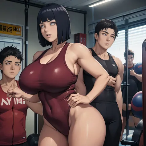 a woman in a maroon bodysuit posing in a gym, in a gym, thicc,  Hyūga Hinata at the gym, working out, cute girl wearing tank suit,  and face, jaw-dropping beauty, bodysuit, , front and back, sexy , sweaty 4 k, train with maroon, busty, is wearing a swimsui...