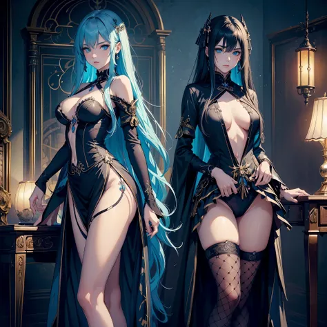 (Masterpiece, Top Quality, Best Quality, Official Art, Beauty and Aesthetics: 1.2), (1girl: 1.3), (Fractal Art: 1.3), Vibrant Aqua Blue Eyes, long hair with Tassels, Nude Midpart, dark powers, naughty, evil, bad, black clothes, fishnets, skirt