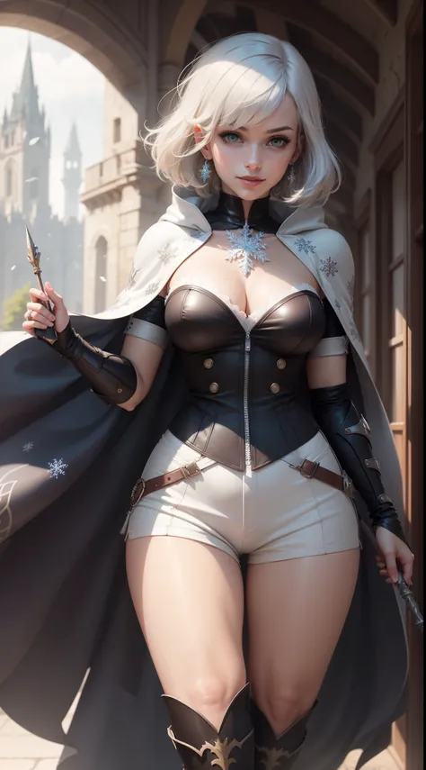 gwen tennyson,1girl,tracer,yorha 2b,yshtola rhul,rebecca chambers,overwatch,atelier ryza,close up,fantasy castle view,tattoos,gray and white plugsuit,white short sleeve knight top,snowflake embroidery knight armor,black lycra micro shorts,snowflake embroid...