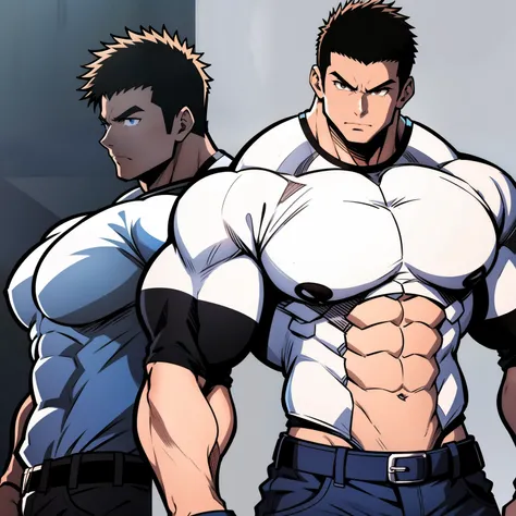 Arte estilo anime, desenho estilo anime, imagem frontal, de corpo inteiro, Personagem masculino musculoso, protagonista, , cabelo curto, cabelo com pontas, cabelo curtinho, personagem musculoso, sem camisa, wearing ripped blue pants, wearing white sneakers...