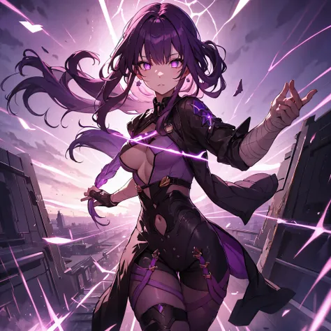 1 girl, solo, Raiden, Raiden_Shogun, bodystocking, beautiful gleaming purple eyes, long purple hair, side ponytail, hairpin accessory, purple lightnings in background, ruins in background, sadistic aura