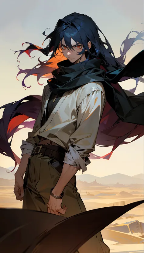 a cool thief with long hair wearing shrouded torn clothes in the desert, a menacing look on his face. young male, with sharp eyes