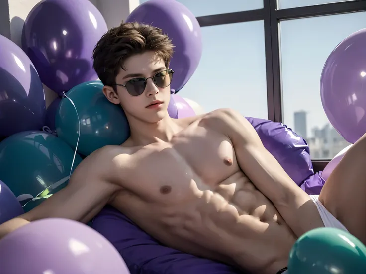 14-year-old boy, lying on big violet balloons, blowing big green balloons, wearing small violet speedos, shirtless, abs, thin body, slim body, handsome, young boy, youthful, boyish, cute, black military sunglasses, rayban aviators, photography, realistic, ...