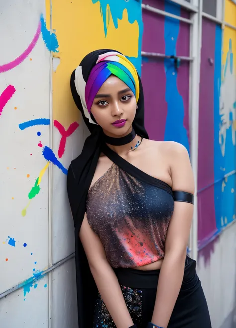 dark skinned hijabi, masterpiece, best quality, 1girl, solo, choker, paint splatter, arms behind back, against wall, looking at viewer, armband, thigh strap, paint on body, head tilt, multicolored hair