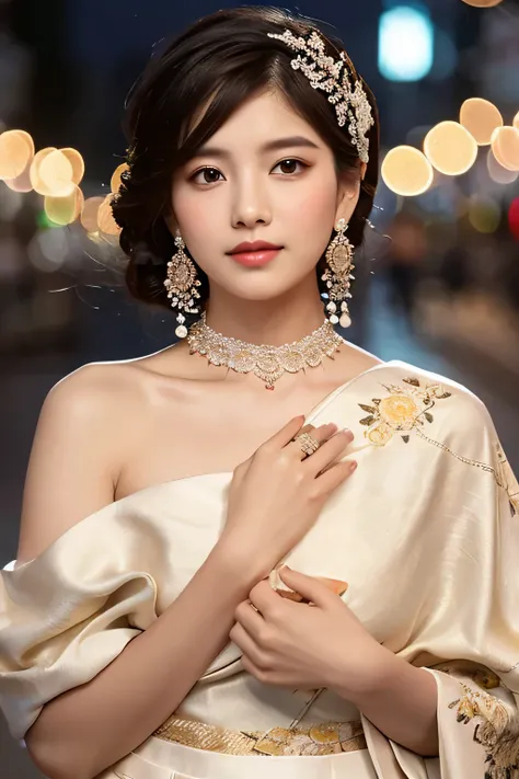 Creates an elegant image with a soft atmosphere。, Half-up shoulder-length hair, Half-down hairstyle decorated with white flowers. They優しい心を持っています, With a thoughtful look、Gently touching your chin with one hand. They、She wears a gorgeous white off-the-shoul...