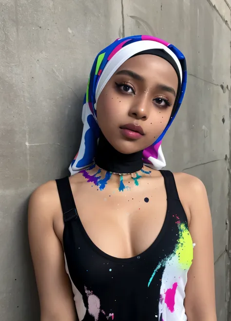 dark skinned hijabi, masterpiece, best quality, 1girl, solo, choker, paint splatter, arms behind back, against wall, looking at viewer, armband, thigh strap, paint on body, head tilt, multicolored hair