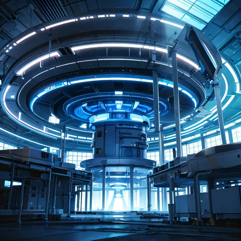 a large abandoned high-tech underground scientific laboratory, giant circular machine on the floor emitting blue light