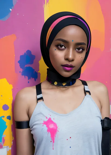 dark skinned hijabi, masterpiece, best quality, 1girl, solo, choker, paint splatter, against wall, looking at viewer, armband, thigh strap, paint on body, head tilt, multicolored hair