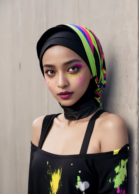 dark skinned hijabi, masterpiece, best quality, 1girl, solo, choker, paint splatter, against wall, looking at viewer, armband, thigh strap, paint on body, head tilt, multicolored hair