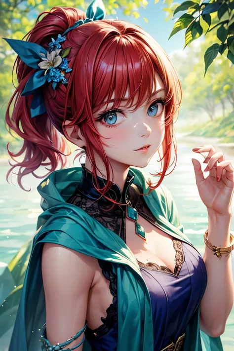 The water color painting features a beautiful young woman with red hair, wearing a blue dress and a green shawl. She is posing for a portrait, and there is a flower in her hair, adding a touch of elegance to her appearance. The womans hair is styled in a p...