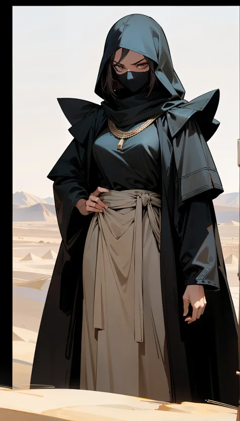 a cool female assassin wearing shrouded black clothes in the desert, a menacing look on her face. mature female, sharp eyes, beautiful, dark skin, Arabian woman, dark hair