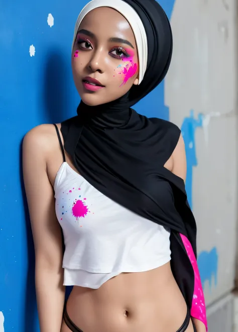 sexy, dark skinned hijabi, masterpiece, best quality, 1girl, solo, choker, paint splatter, against wall, looking at viewer, armband, thigh strap, paint on body, head tilt, multicolored hair