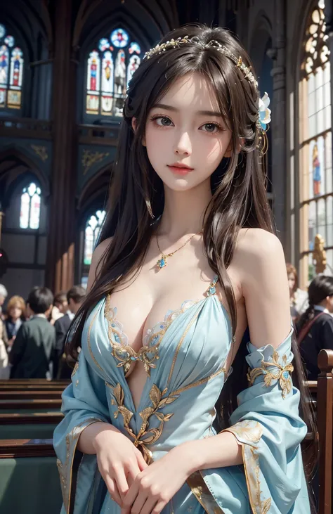 8k RAW photo、Photorealsitic、Film grain noise、Soft Cinematic Lights、One girl、A slender、Fine detailed face、length hair、beautiful hair decoration、Beautiful necklaces、耳环、Graceful pose、Ornate and elaborately decorated costumes、cleavage of the breast、ssmile、At t...