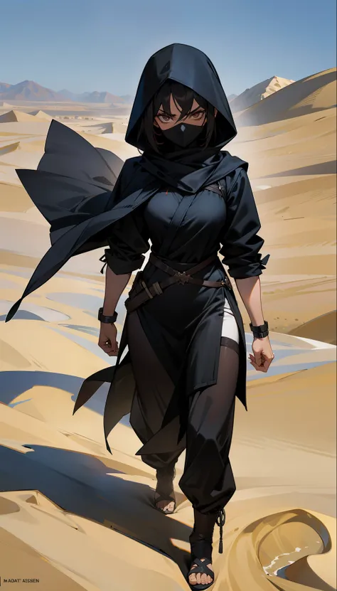 a cool female assassin wearing shrouded black clothes in the desert, a menacing look on her face. mature female, sharp eyes, beautiful, dark skin, Arabian woman, dark hair