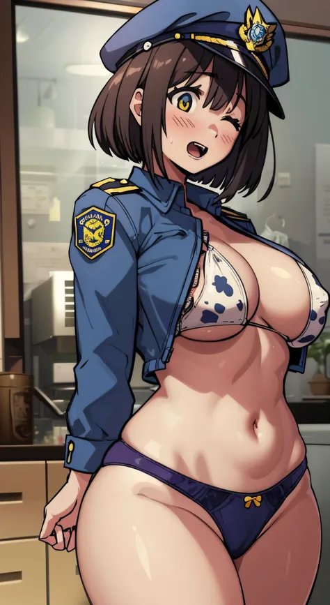 (Perfect body),Best Quality,(8K Portrait),(anime screen cap)、(NSFW)、(Police Hat)、((Police Woman)),blush,Sweat,(((large udder)))、((bulging nipple))、(Dark hair),((bob cuts))、Yellow eyes,(((thick thighs))),((navy blue panties))、((A smile))、showing teeth、one e...