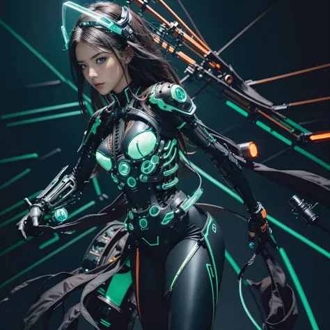 (realistic:1.2), masterpiece, Cinematic lighting, Biomechanical goddess, dynamic action pose, full body image, Long dark hair. Subtle smile. Black and orange military-style, gloss protective outer layers cover most of her body, covering her bodys inner mec...