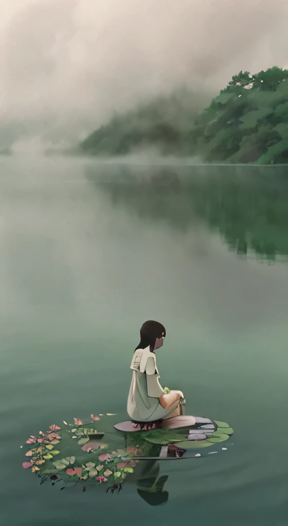 girl sitting by a lake full of water lilies (mistborn) (Enevoado), beautifulsky ((Ghibli)) , ((studio Ghibli art style))