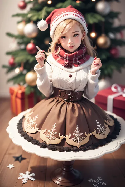 Picture a Christmas cake fashioned in the shape of a woman donning adorable winter attire. The cake stands elegantly, resembling a cheerful figure wrapped in a cozy scarf, donning a vibrant sweater adorned with intricate snowflake patterns. Her skirt, craf...