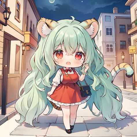 ((chibi:1.5)), (masterpiece), (best quality), high resolution, ultra detail, photorealistic, 8K, ((1 girl, solo)), large breasts, (long wavy hair, green hair, big red eyes, tiger ears, tiger tail),  red pinafore, crying, (holding  handbag), Illumination st...