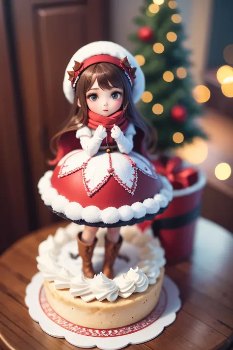 Picture a Christmas cake fashioned in the shape of a woman donning adorable winter attire. The cake stands elegantly, resembling a cheerful figure wrapped in a cozy scarf, donning a vibrant sweater adorned with intricate snowflake patterns. Her skirt, craf...