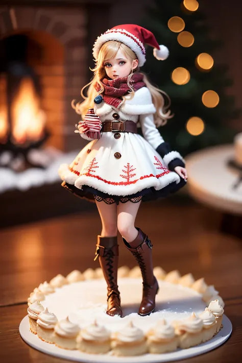 Picture a Christmas cake fashioned in the shape of a woman donning adorable winter attire. The cake stands elegantly, resembling a cheerful figure wrapped in a cozy scarf, donning a vibrant sweater adorned with intricate snowflake patterns. Her skirt, craf...