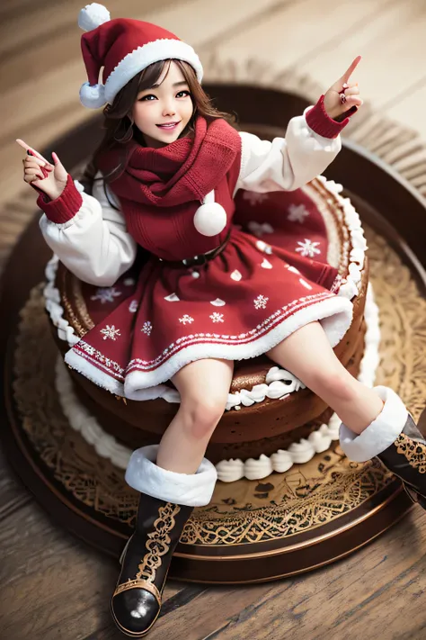 Picture a Christmas cake fashioned in the shape of a woman donning adorable winter attire. The cake stands elegantly, resembling a cheerful figure wrapped in a cozy scarf, donning a vibrant sweater adorned with intricate snowflake patterns. Her skirt, craf...