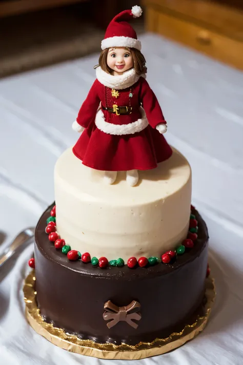 Picture a Christmas cake fashioned in the shape of a woman donning adorable winter attire. The cake stands elegantly, resembling a cheerful figure wrapped in a cozy scarf, donning a vibrant sweater adorned with intricate snowflake patterns. Her skirt, craf...