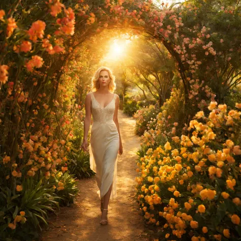 1 moça "charlize theron", dentro de um jardim de flores de cerejeiras，e o sol brilhava intensamente，a luz da janela traseira é r...