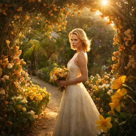 1 girl "charlize theron", dentro de um jardim de flores de cerejeiras，e o sol brilhava intensamente，the light from the back wind...